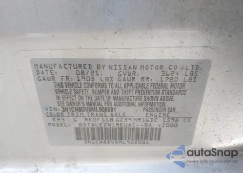 2021 Nissan Versa S Xtronic Cvt z USA, uszkodzony, nr VIN 3N1CN8DV8ML908081